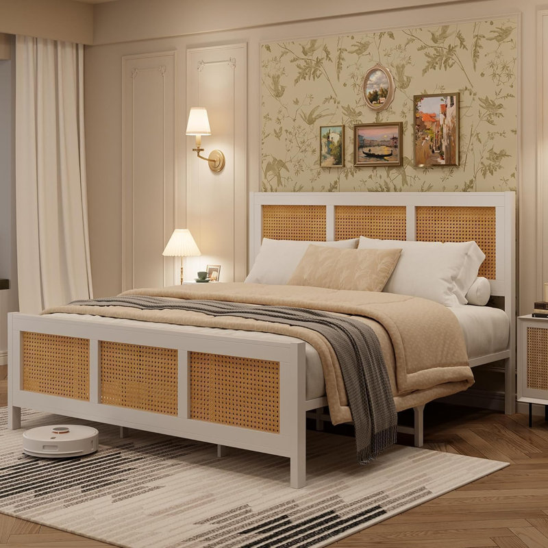 Rattan Bed Frame with Headboard, Bed Frame with Strong Metal Slats Support, Noise-Free Design, No Box Spring Needed, Queen