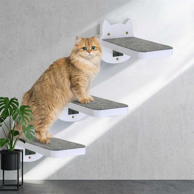 Ensemble de 3 marches pour chat en bois peint en blanc, tablettes flottantes et perchoirs pour fixation murale, échelle d'escalade robuste, peut supporter jusqu'à 30 lb