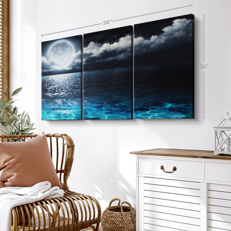 «Moonlit Blue Sea», 3 pièces sur toile, H 32 po x l 50 po x P 1,25 po