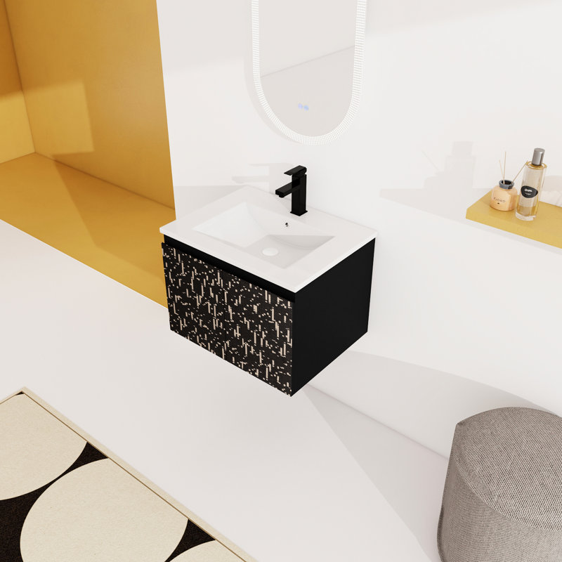 Meuble-lavabo moderne 24 po avec lavabo en céramique et porte à fermeture en douceur - apparence murale noire