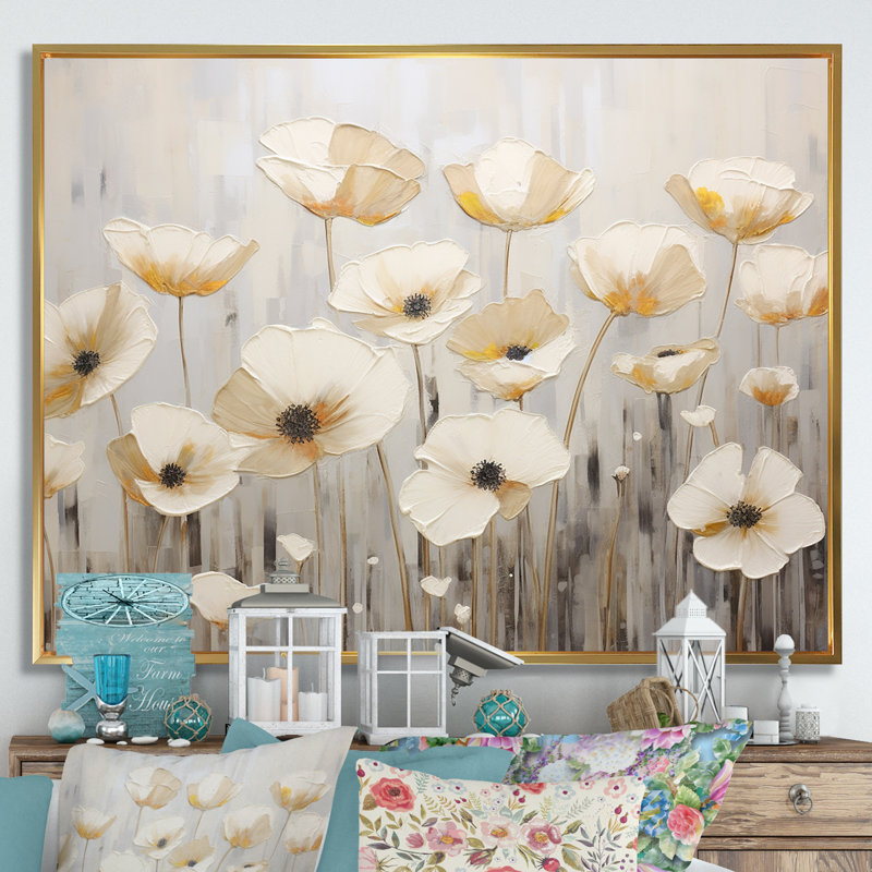 Buttercups Fields On Gray sur toile, H 12 po x l 20 po x P 1 po, Cadre flottant doré