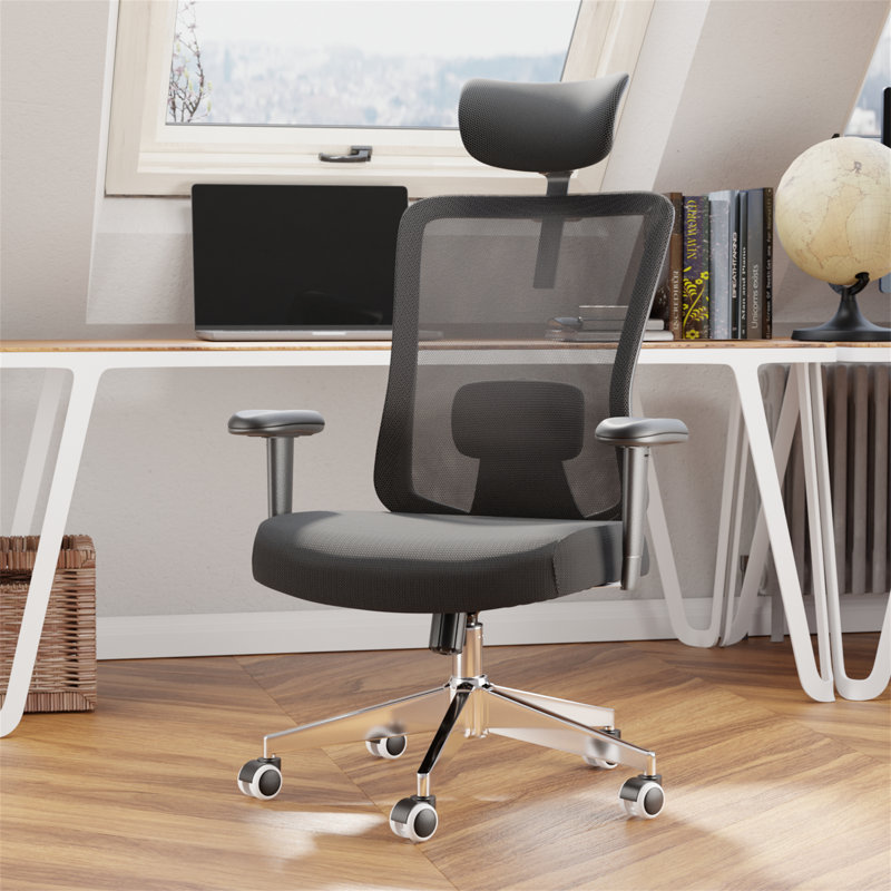 Chaise de bureau ergonomique, chaise de bureau en filet à dossier haut avec appui-tête réglable et soutien lombaire à accoudoirs en 2 dimensions, fonction d'inclinaison de 90 ° à 135 °