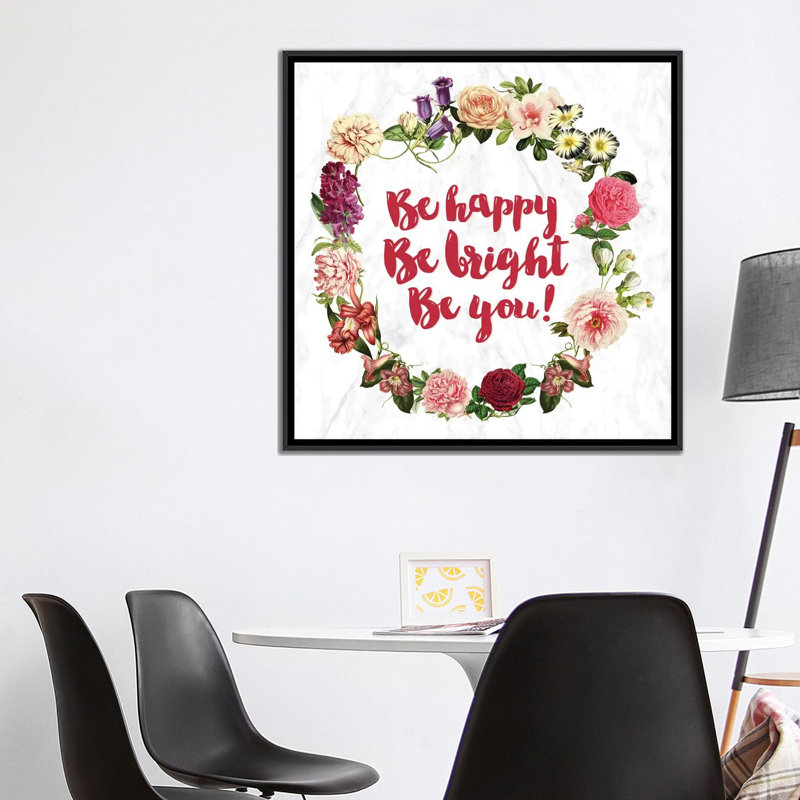 «Be Happy», impression sur toile, H 18 po x l 18 po x P 1,5 po, Toile encadrée noire, Pas de tapis