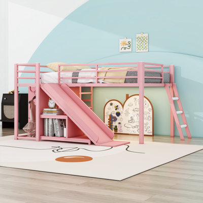Lit mezzanine simple en métal avec tablettes de rangement, glissade et bande DEL