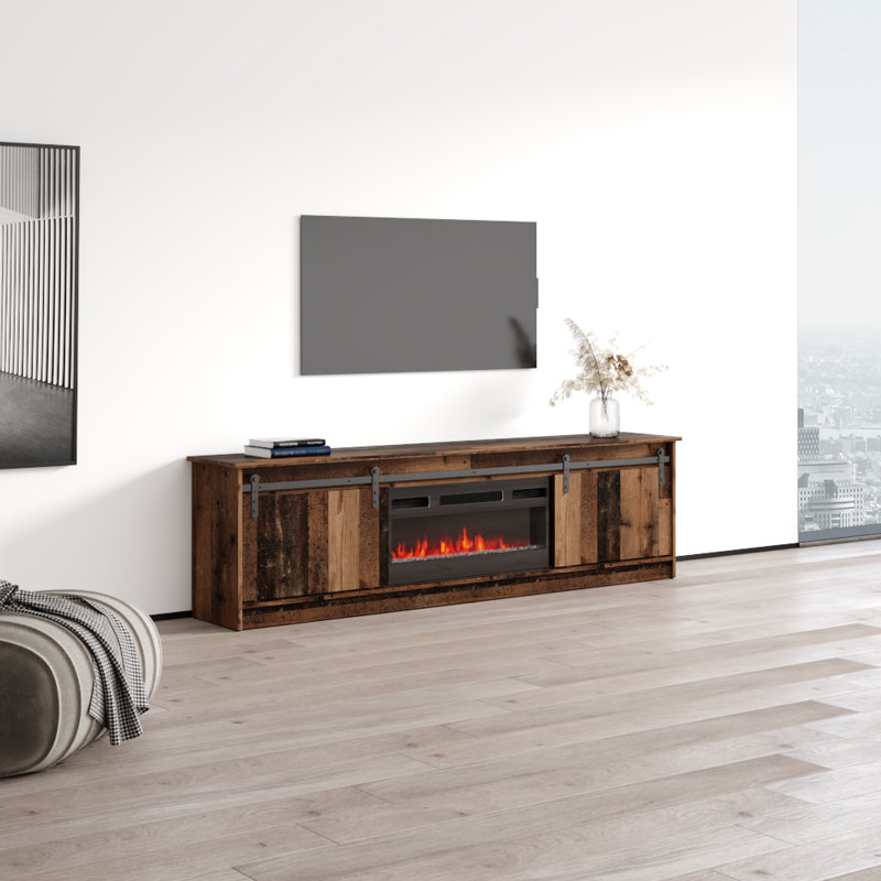 Meuble télé 78,7 po avec foyer électrique Grigby, Bois ancien