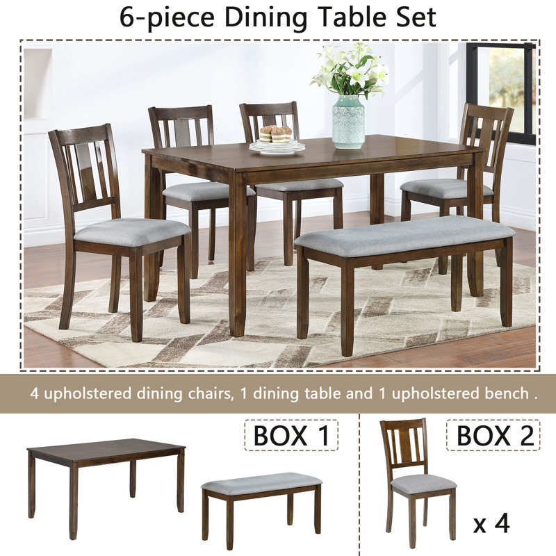 Ensemble de salle à manger de cuisine 6 pièces, table de salle à manger rectangulaire en bois avec 4 chaises rembourrées et un banc, noyer
