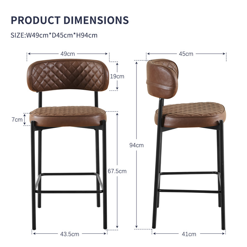 Modern Faux Leather Upholstered Waffle Tufted Bar Stool with Back (Set of 2/4), Brown, 2