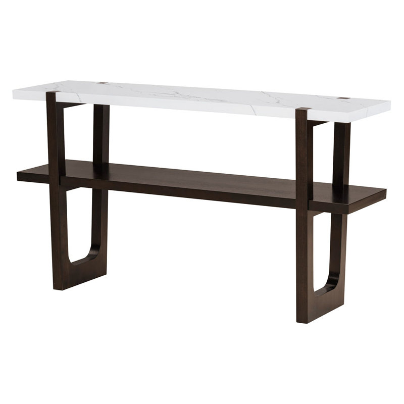 Espresso Wood Console Table with Marble-Effect Top and Storage Shelf