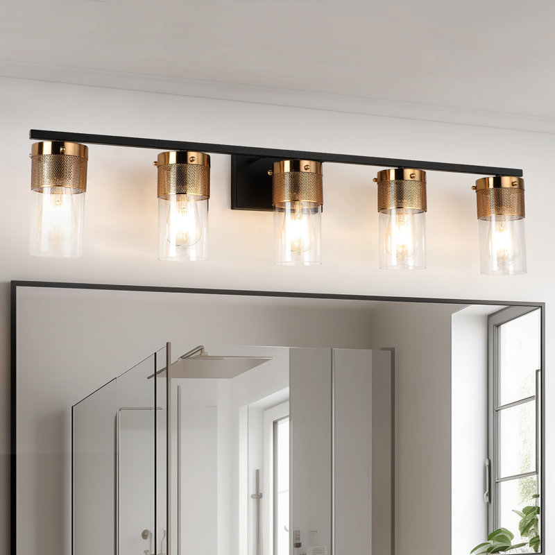Black and Antique Brass Modern Vanity Light with Clear Glass Shade for Bathroom, 5 Lights