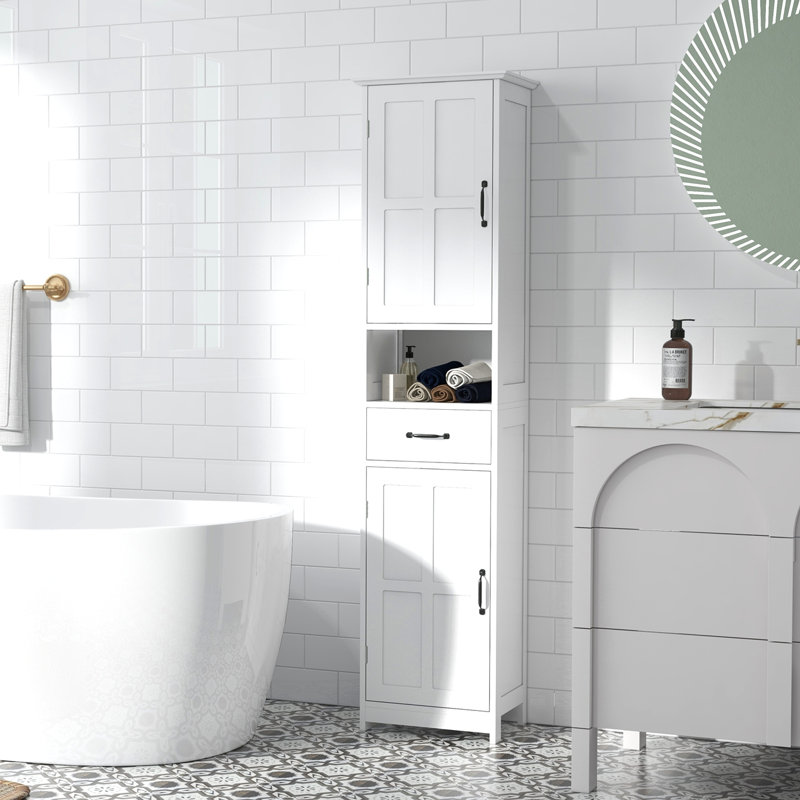 Slim Bathroom Storage Cabinet, Tall Bathroom Cabinet, Linen Tower With Open Shelf, Drawer, Recessed Doors, And Adjustable Shelves, White