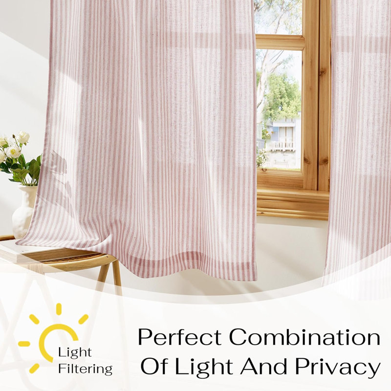  Sheer Linen Kitchen Curtains, Striped Print Farmhouse Decor Cafe Curtains, Boho Drapes with Rod Pocket for Living Room Bathroom, 2 Panels