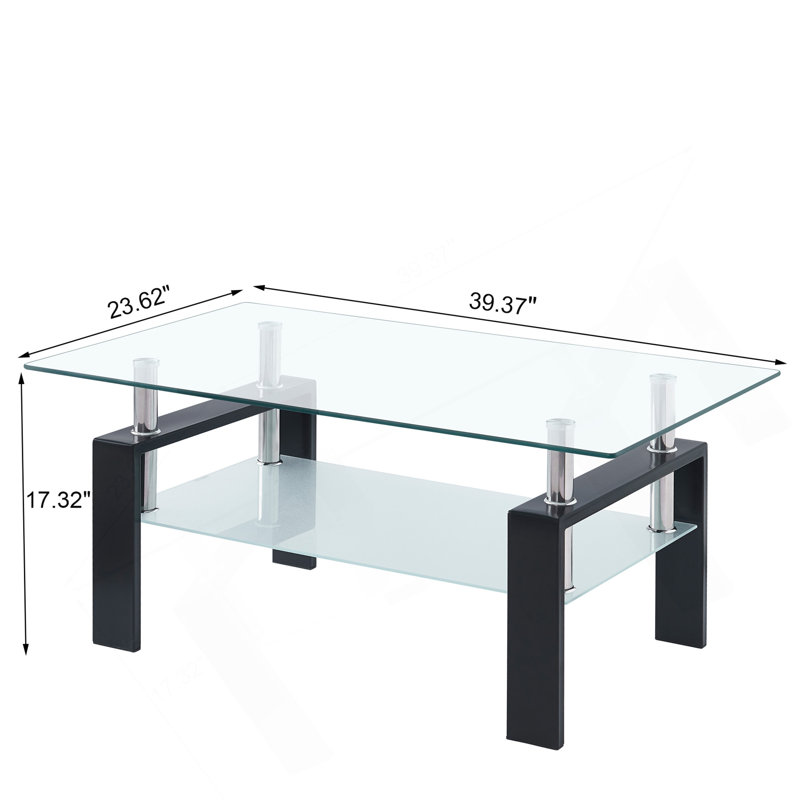 Table basse de salon en verre trempé transparent, 2 couches