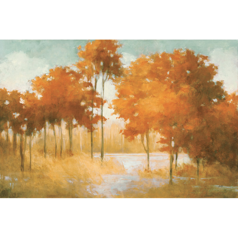 Automne lac orange - peinture sur toile tendue, H 32 po x l 48 po