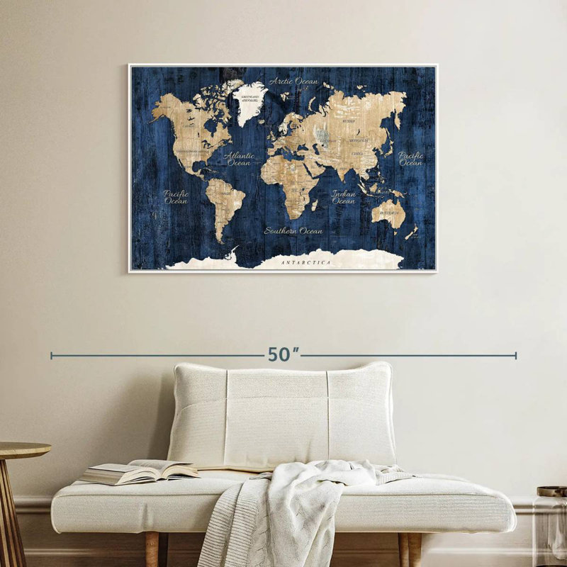 Carte du monde en bois texturé, Cadre flottant blanc, 40 po x 27 po