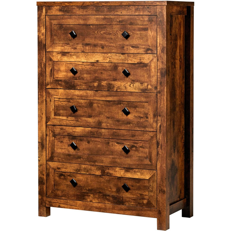Devion Farmhouse Tall Chest of 5 Drawers Dresser, Rustic Brown