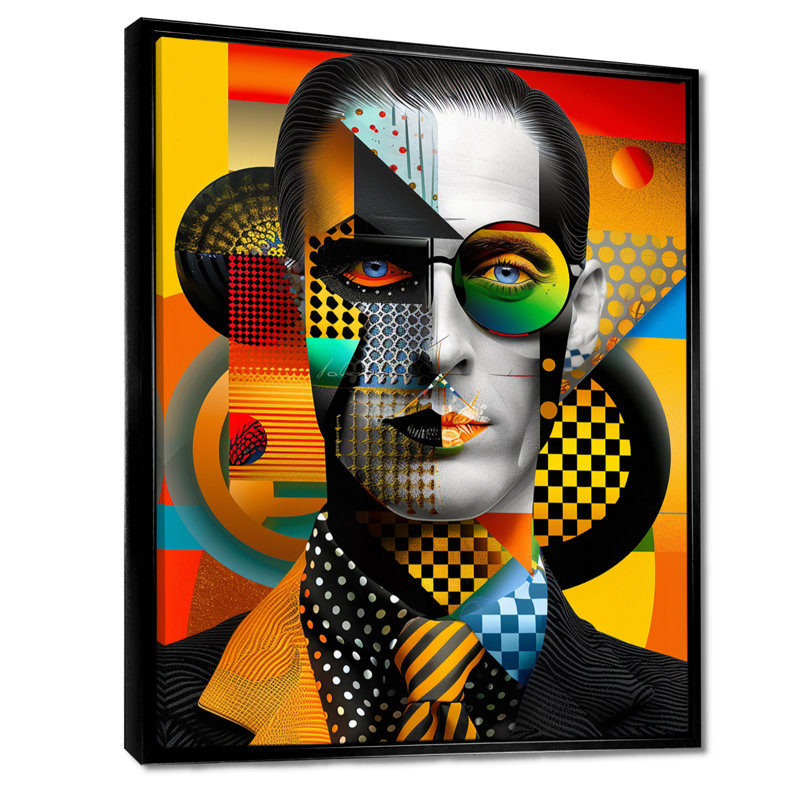 90's Retro Geometric personnage - Abstract Portraits, reproduction d'art mural, Toile avec cadre flottant noir