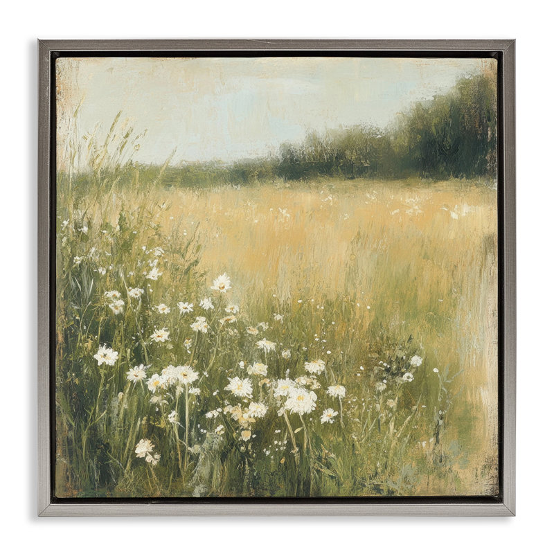 Cadre flottant Daisy Dream Field, design par Petal Prints Design, Cadre flottant gris lustré, H 18 po x l 18 po