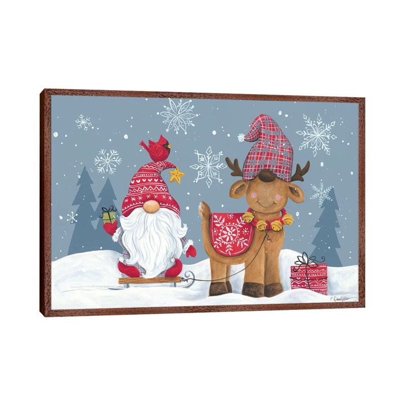 Snowy Gnome With Reindeer by Diane Kater - Print on Canvas, 66.04 cm H x 45.72 cm W, Classic Brown Wood Framed
