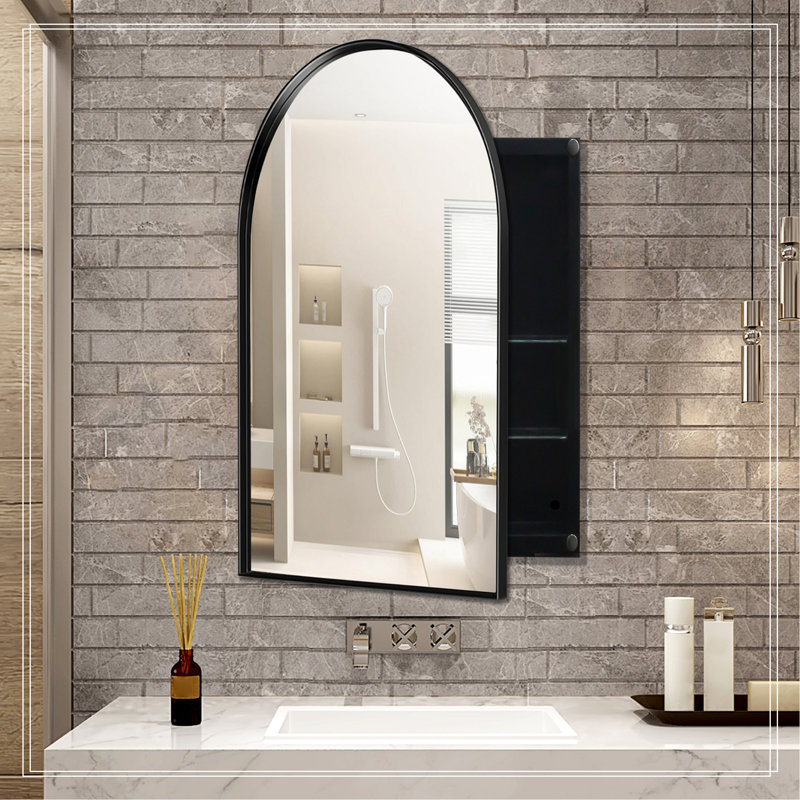 24X36 Inch Arched Recessed Medicine Cabinet, Metal Framed Bathroom Wall Cabinet With Mirror And Adjustable Shelves, Wall Mirror With Storage For Bathroom