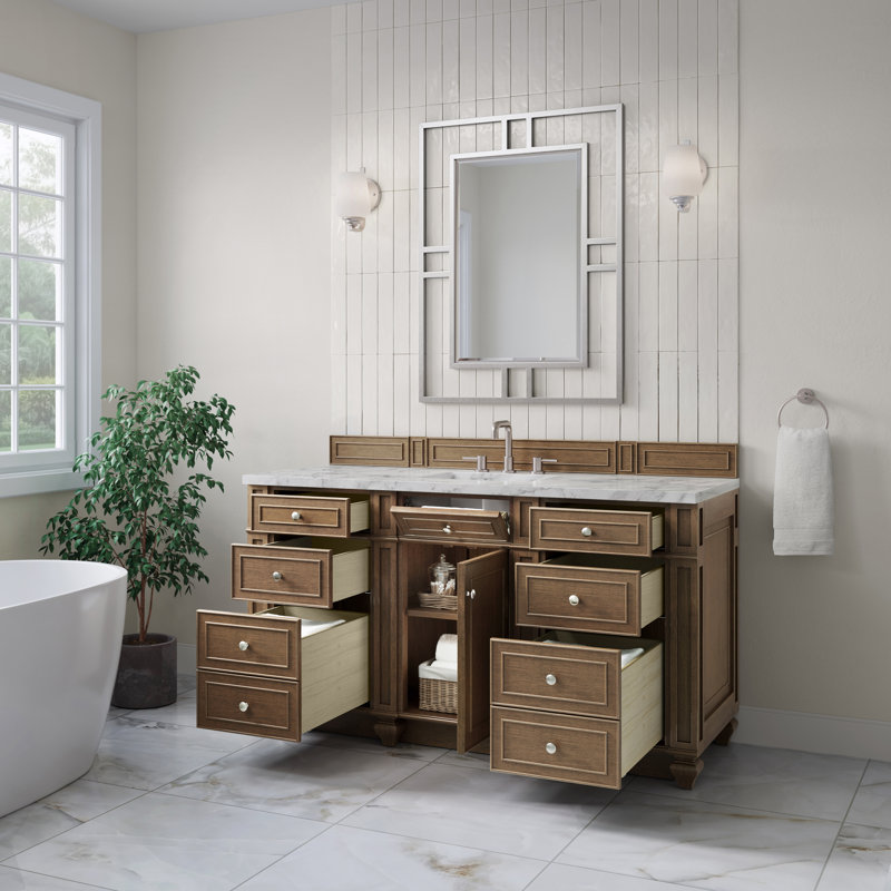 Bristol 60'' W Single Vanity, Saddle Brown, Carrara White, 8" Widespread