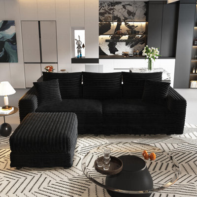 Canapé 82,7 po en velours côtelé 82,7 po, canapé rembourré moderne et confortable, sièges profonds avec coussins moelleux et 1 repose-pieds, fauteuil convertible, noir
