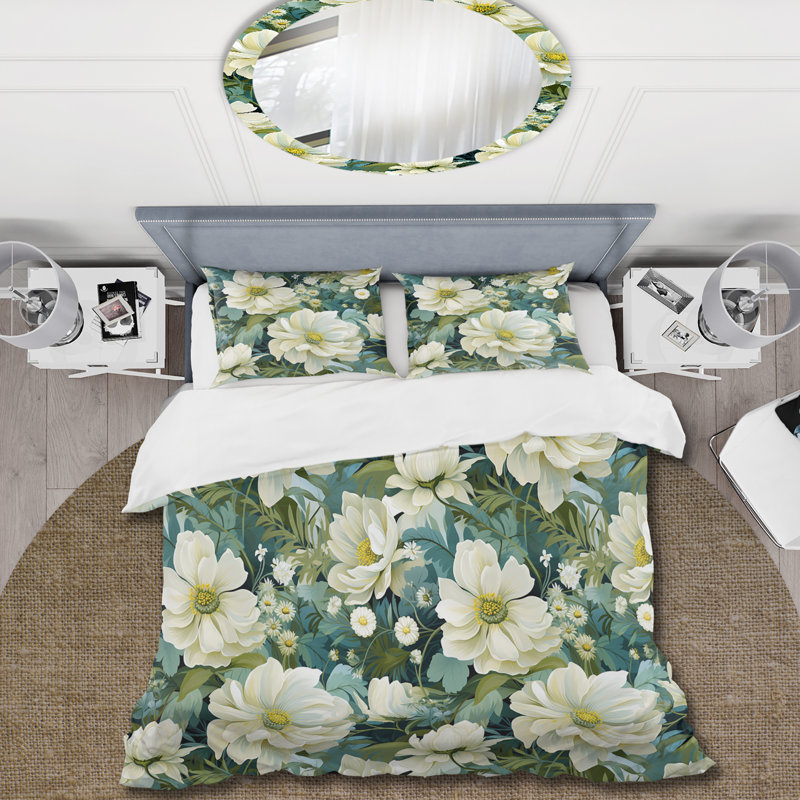 Impressionist Greenery Botanical Pattern II Floral Duvet Cover, King Duvet Cover + 2 King Shams