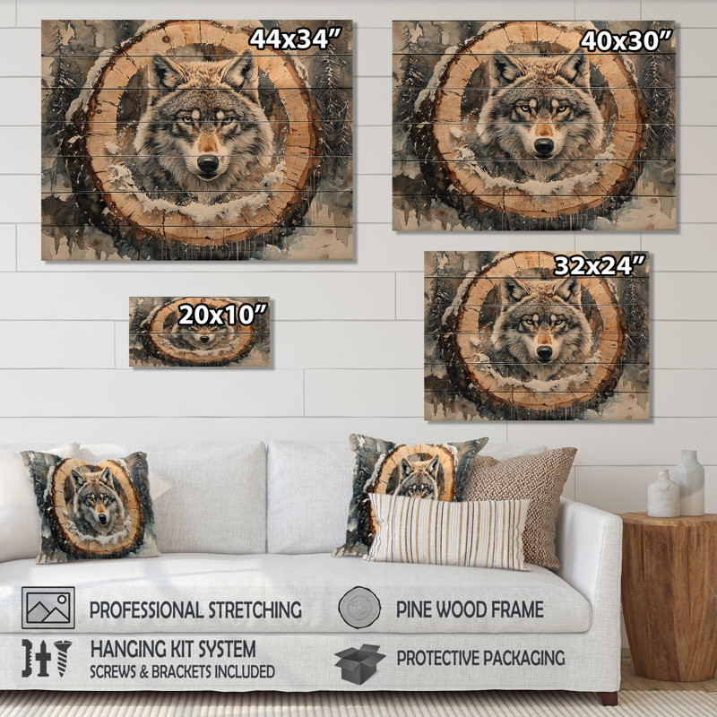 Native Wolf In A Winter Forest Wood Slide I - Wolf Animal Wood Wall Art - On Natural Pine Wood, 24" H x 32" W x 0.78" D