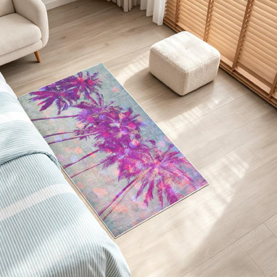 Black Machine Washable,Palm Trees Tropical Beach with Party Glamour Overlay Summer Scene Indoor Area Rug