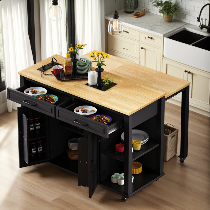 Îlot de cuisine roulant 47 po avec table de salle à manger et prise de courant