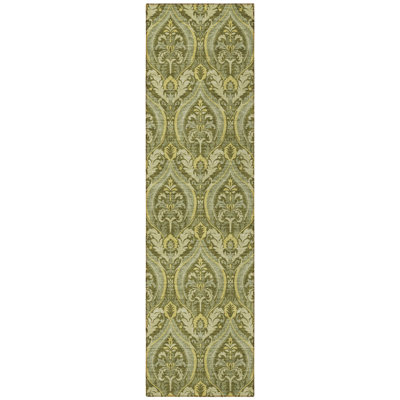 8' Runner Green Damask Washable Non Skid Indoor Outdoor Runner Rug