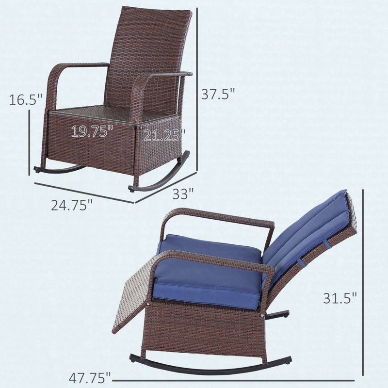 Fauteuil inclinable d'extérieur berçant en rotin avec coussins, chaise berçante de patio réglable