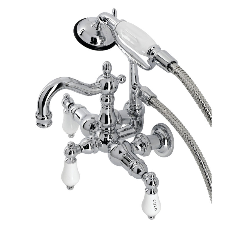 Kingston Brass Heritage Three-Handle 2-Hole Tub Wall Mount Clawfoot Tub Faucet with Hand Shower, Polished Chrome