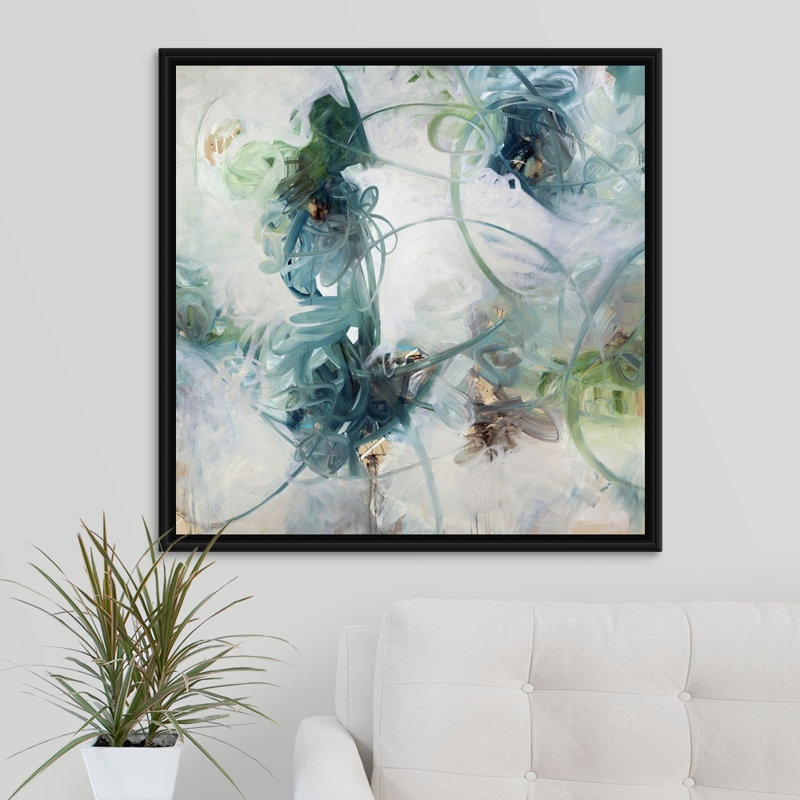 «Tangled Up in Blue», peinture sur toile, H 31,7 po x l 31,7 po x P 1,75 po, Cadre flottant noir