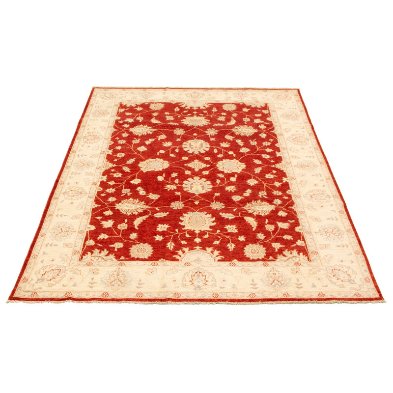 Tapis rouge foncé en laine noué à la main de conception unique 6 pi 6 po x 9 pi 6 po Gynith