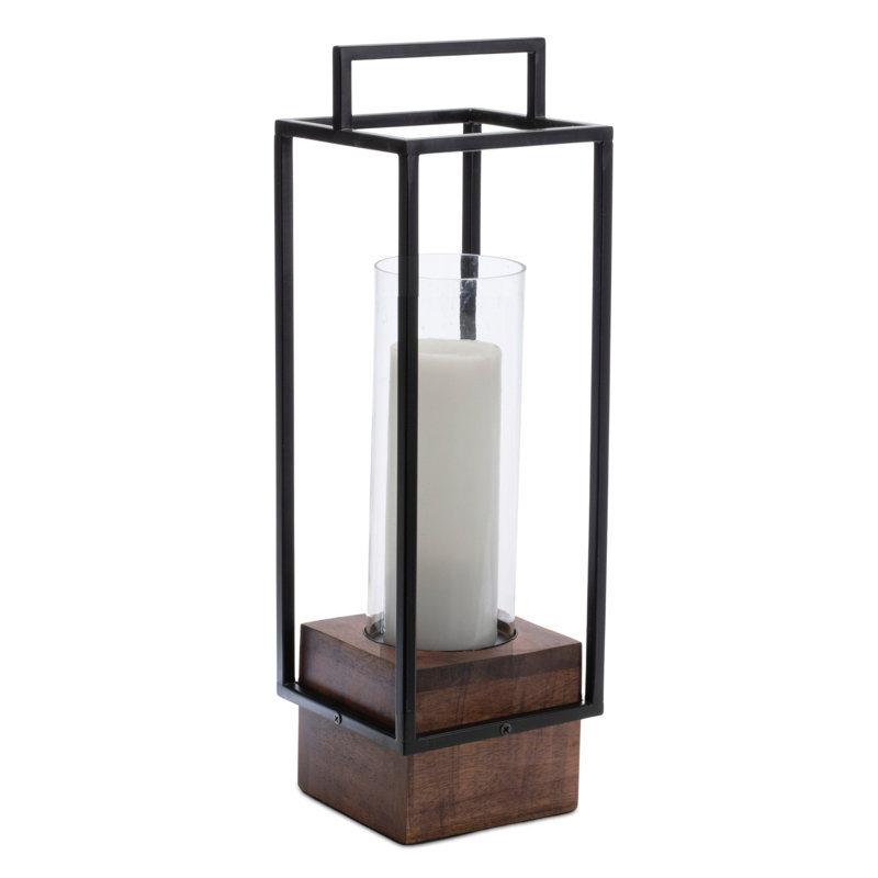 Porte-bougie de table 20 po noir et brun en métal et bois massif