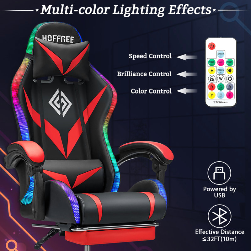 Red and Black Faux Leather Ergonomic Gaming Chair with Bluetooth Speakers and RGB LED Lights