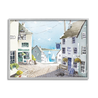 «Coastal Town Seaport Voiliers» par Roy Thompson - peinture sur bois à cadre flottant