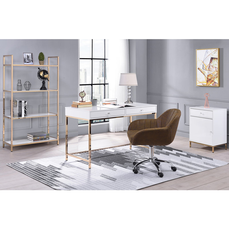 Bureau contemporain blanc brillant et or, piètement rectangulaire laqué brillant pour bureau