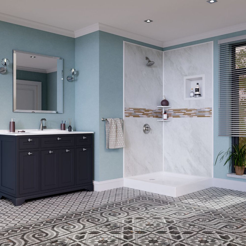 Bella CORE 2 Wall Tub and Shower Surround with Katrina Design Strip up to 48Dx48Wx102H, Arctic Mist/White