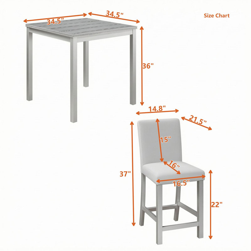 Ensemble de salle à manger carré de 5 pièces avec des chaises rembourrées, Gris argenté