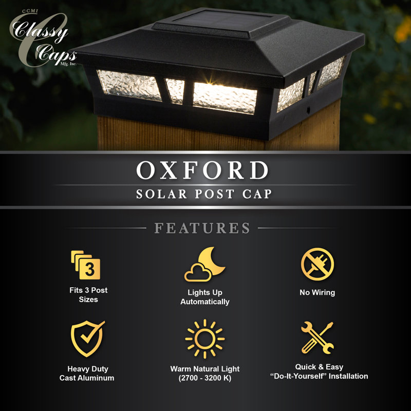 Black Aluminum Solar LED Post Cap with Decorative Glass Lens