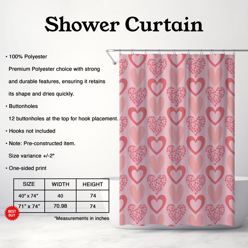 Hearts of Romance - Rideau de douche standard 1 pièce, H 74 po x l 40 po