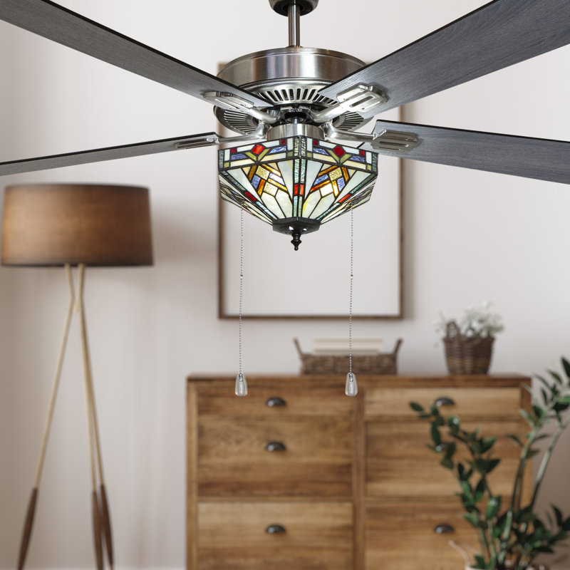 52" Londono Mission Stained Glass Satin Nickel Ceiling Fan, Pull Chain