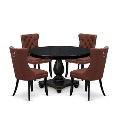L'ensemble de table de salle à manger 5 pièces se compose d'une table ronde de 48 po avec piédestal et 4 chaises Parson bourgogne, noir sablé