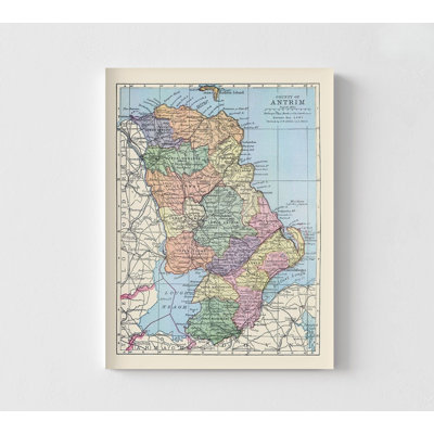 «Antrim County Ireland - Bartholomew 1882», carte de style campagnard rustique irlandais, très grand pub irlandais, impression de carte d'Irlande