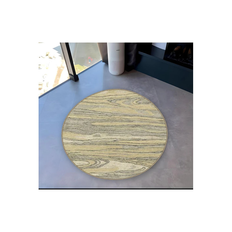 Yellow Beige Abstract Pattern Detailed Woven Base Modern Decorative Carpet, Round 4'
