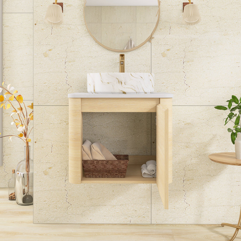 Meuble-lavabo mural simple 23,6 po avec dessus en pierre reconstituée, Ameican White Oak