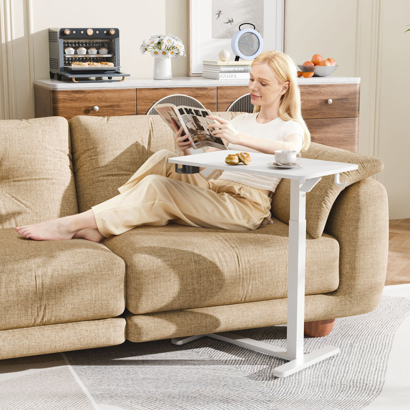 Height Adjustable Overbed Bedside Table with Hidden Casters, Pneumatic Standing Desk, Mobile Laptop Table, Hospital and Home Use Rolling Cart, White