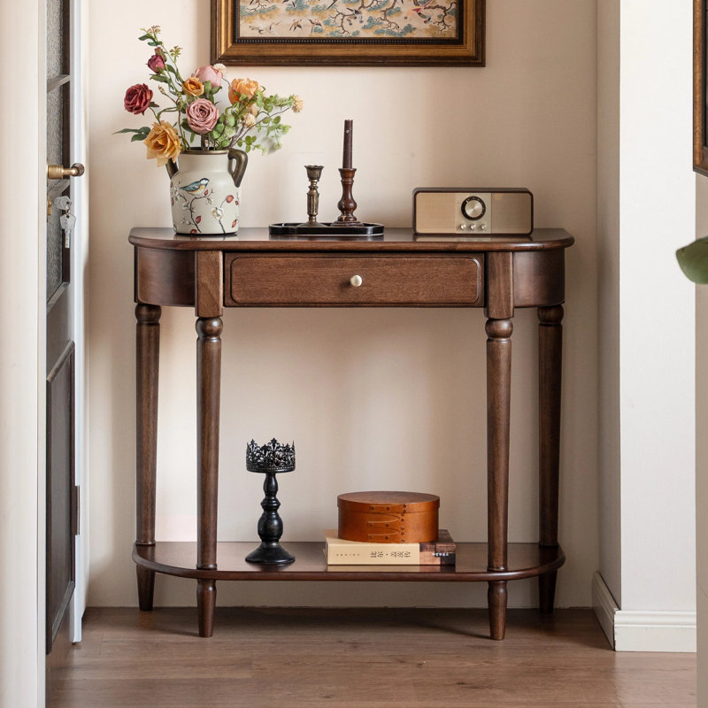 Console en bois massif avec tablette, tiroir et pieds tournés Alden, Brown