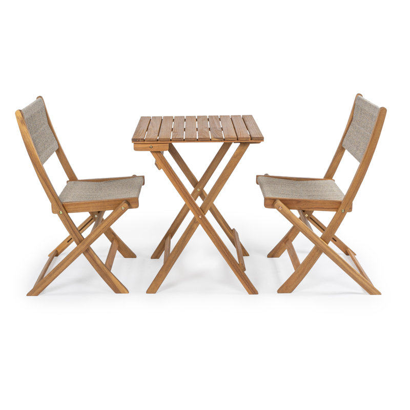 Javea Bohemian 3-Piece Teak Brown Acacia Wood Outdoor Folding Bistro Set with Beige Woven Rope Seats, Balcony and Patio Furniture